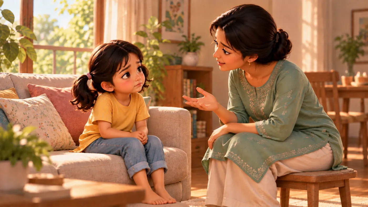 A mother leans in from a low stool and gently asks her daughter a question while the girl listens.