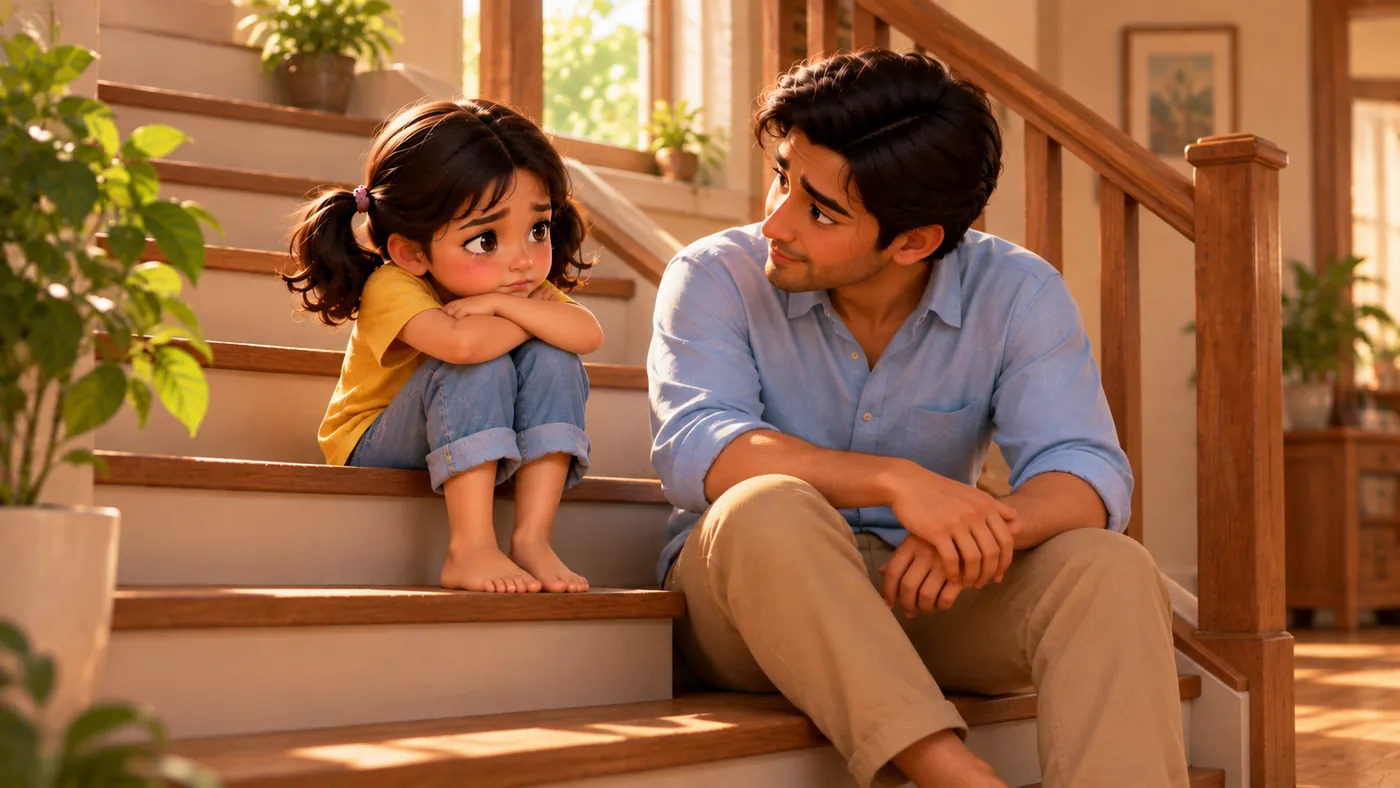 A father sits on the stairs beside his teary daughter, listening without hurrying her.