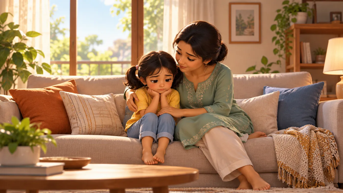 A mother sits close beside her quiet daughter on the sofa, one arm around her shoulders, saying nothing yet.