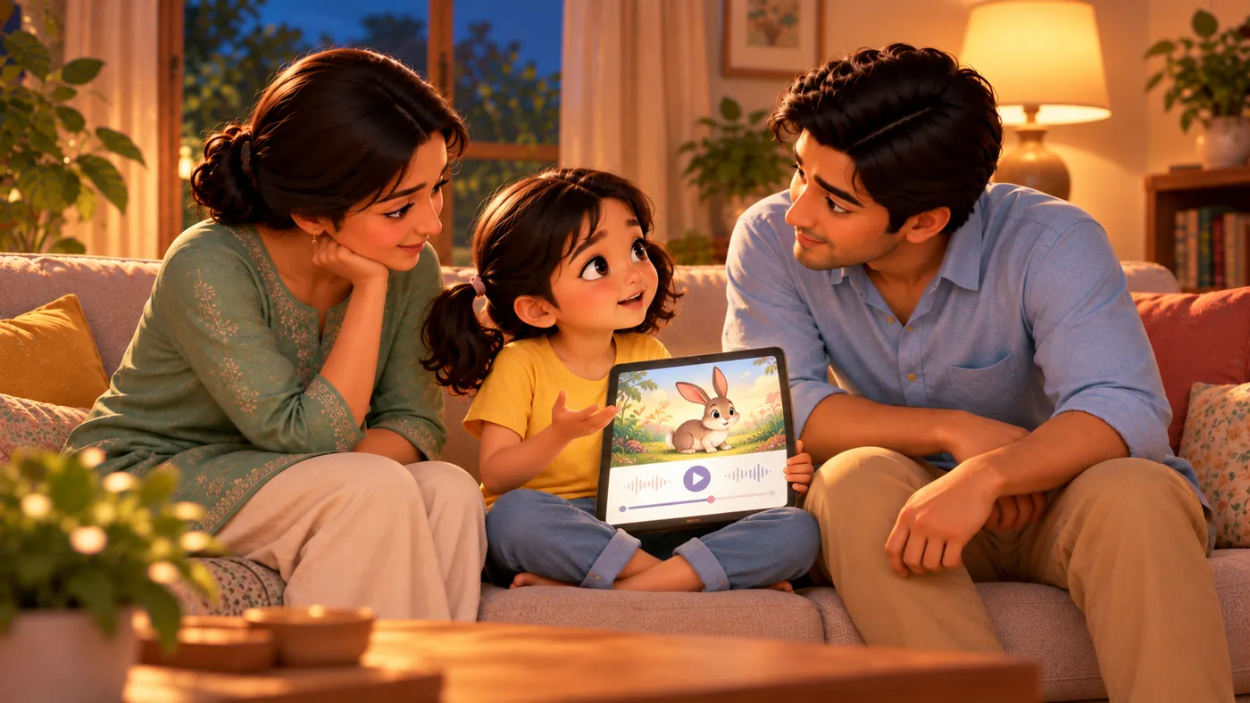 On the sofa at dusk, a girl holds a tablet playing a story about a little rabbit and tells her mum and dad about it.