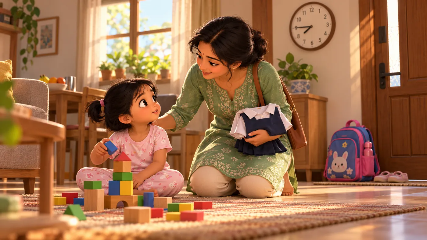 On a busy morning, a mother kneels beside her daughter, who is building a block tower on the rug. Her hand rests on the girl's shoulder and the girl looks up at her, ready to listen.