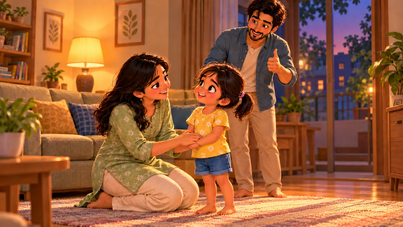 In the evening, a mother kneels and holds her daughter's hands, smiling, while the father gives her a thumbs up. The girl beams with pride.