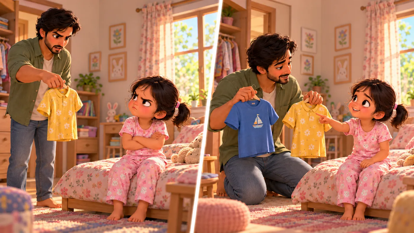 Two moments side by side. Left: a father holds up one shirt and his daughter crosses her arms. Right: he kneels with a blue shirt and a yellow shirt, and she happily points to the one she wants.
