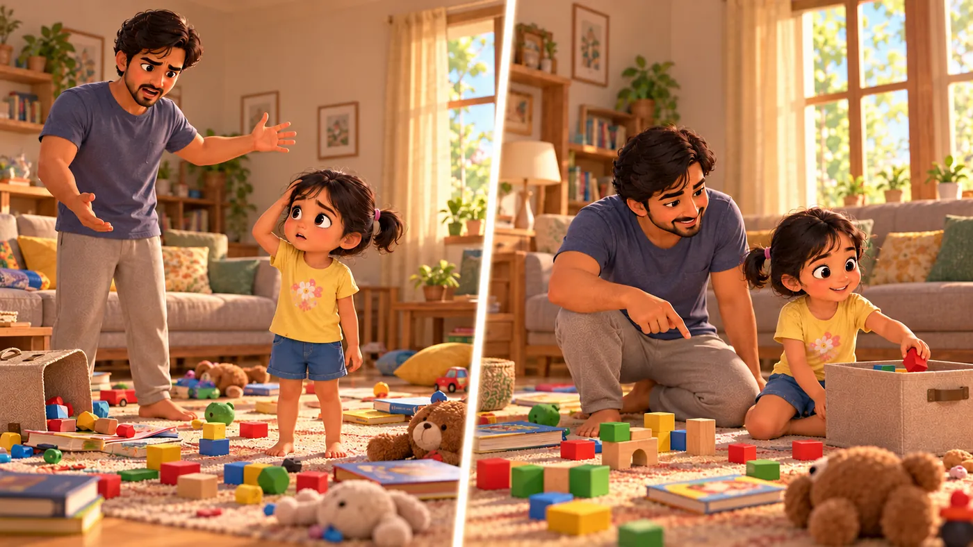 Two moments side by side. Left: a frustrated father waves at a messy room while his daughter looks confused. Right: he kneels and points to the toy box, and she happily drops a block into it.