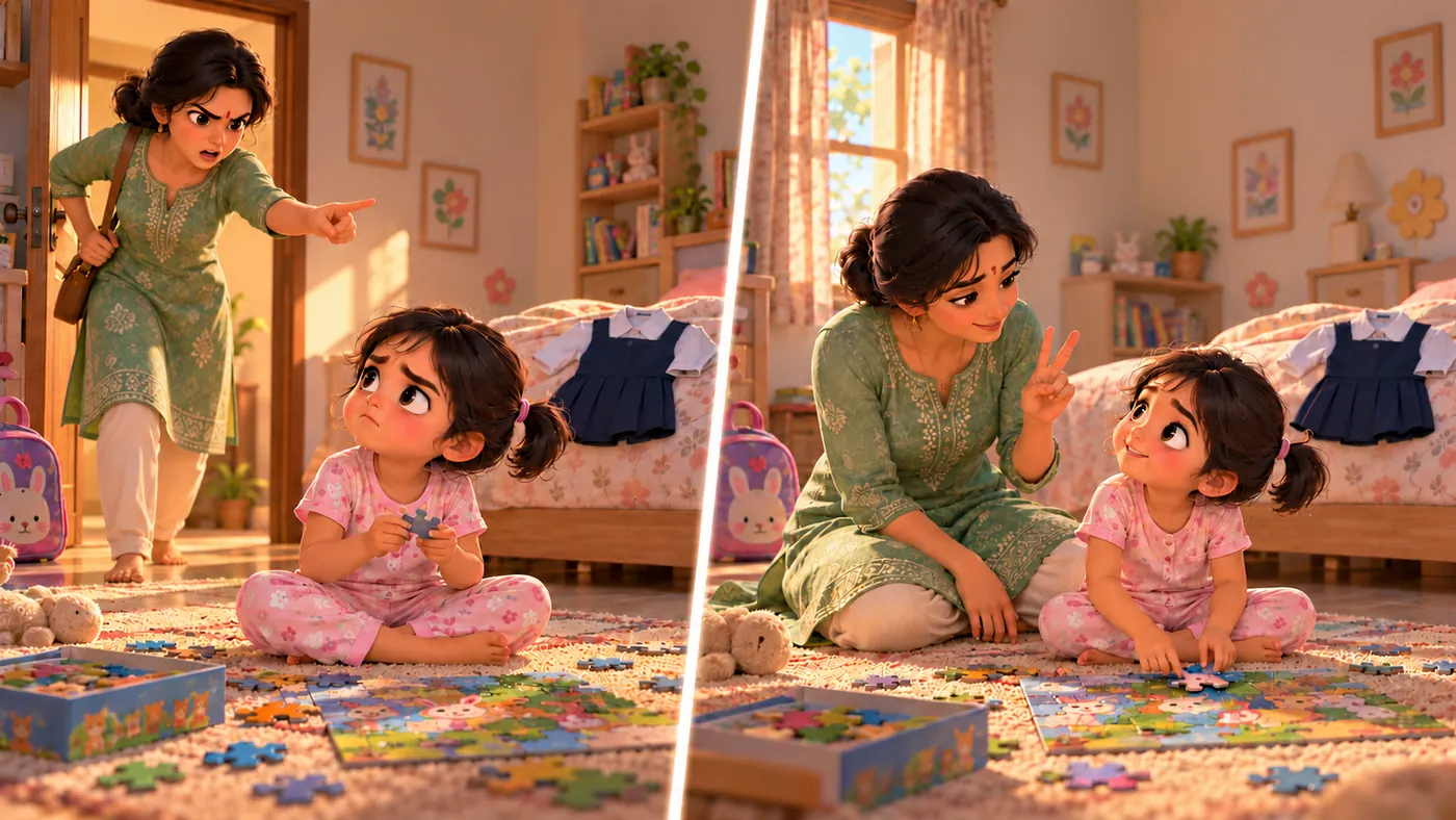 Two moments side by side. Left: a mother storms in, pointing, while her daughter frowns over a puzzle. Right: she sits beside her, holding up two fingers for two more minutes, and the girl smiles.