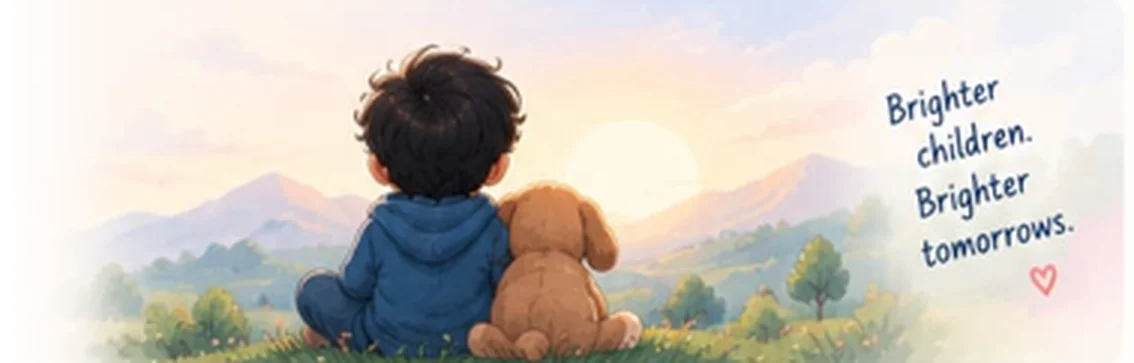 Child and puppy gazing at sunrise over mountains
