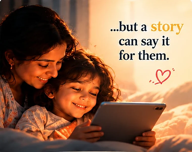 A mother and child smiling over a bedtime story together. But a story can say it for them.
