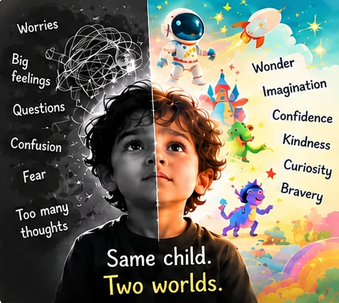 One child, two worlds: worries, big feelings and fear on one side; wonder, imagination, kindness and bravery on the other.