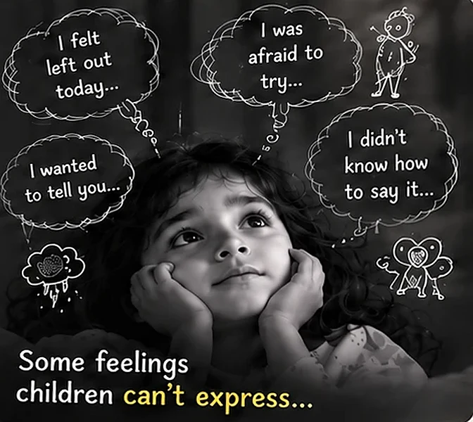 A thoughtful child with thought bubbles: I felt left out today, I was afraid to try, I wanted to tell you, I didn't know how to say it. Some feelings children can't express.