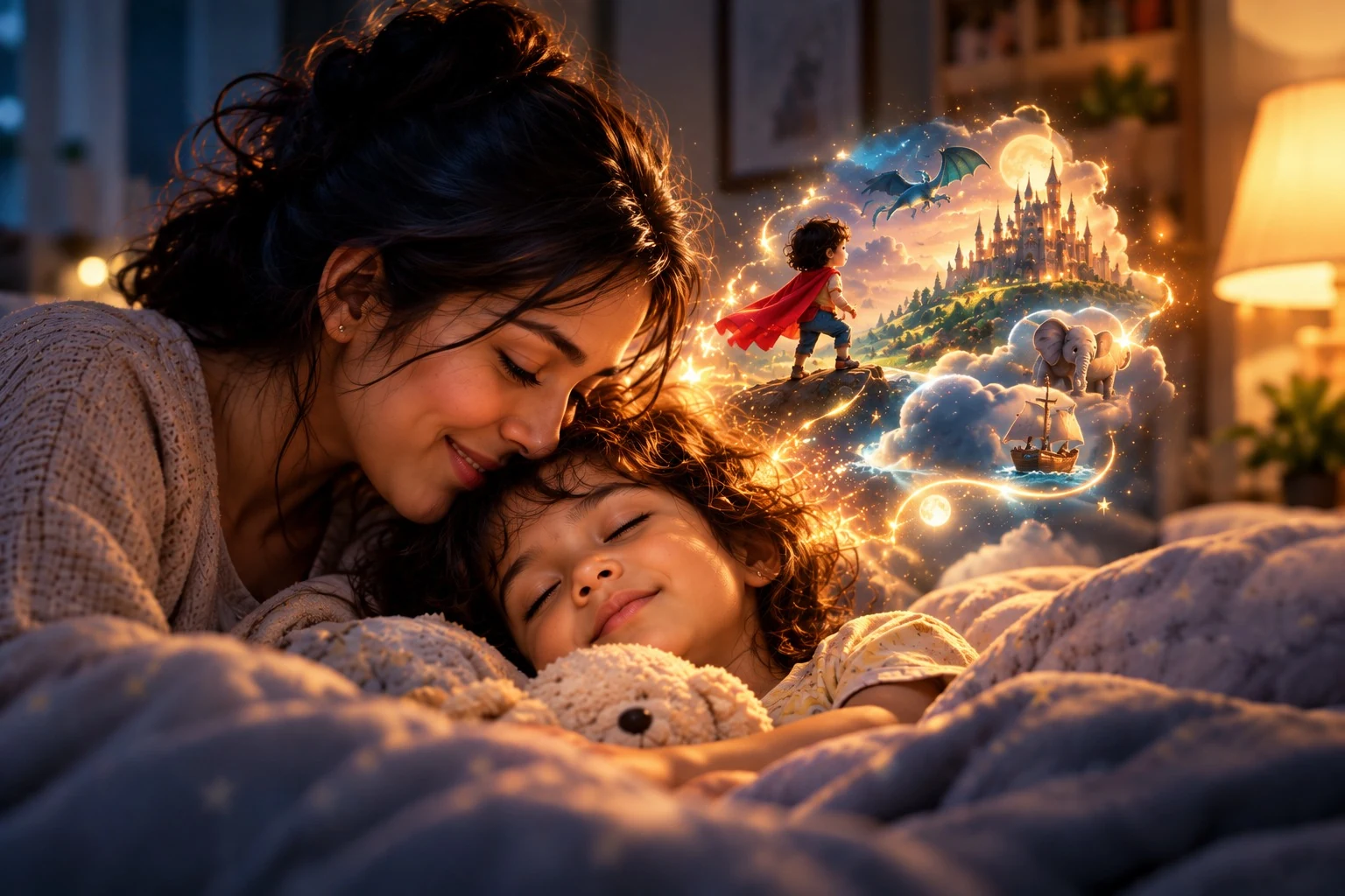 A mother resting her head against her sleeping child at bedtime, while a story world of a caped child, a castle, a dragon, an elephant and a ship glows above them
