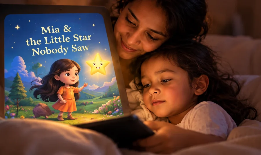 A mother and child reading a story made for her, Mia and the Little Star Nobody Saw