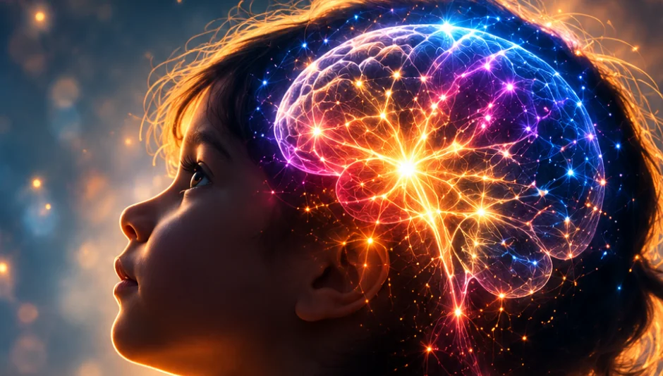A child looking up, one bright pathway glowing inside a colourful brain