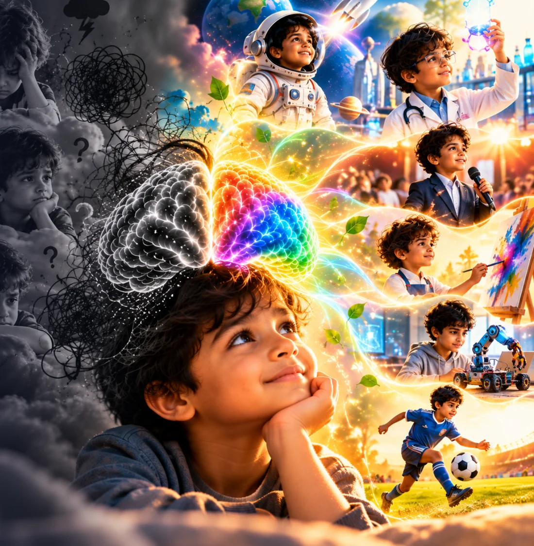 A boy looking up and smiling. Around him are the people he could become: an astronaut, a scientist, a speaker, an artist, an engineer, a footballer