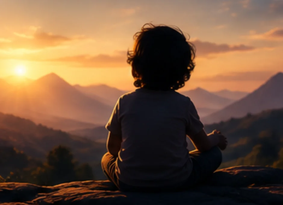 A child sitting on a hilltop, watching the sun rise over the mountains